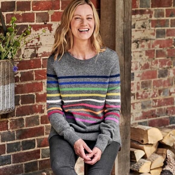 𝅺WOOLOVERS Pure Merino Wool Stripe Jumper Sweater Rainbow Stripe Multicolor NWT - Picture 2 of 14